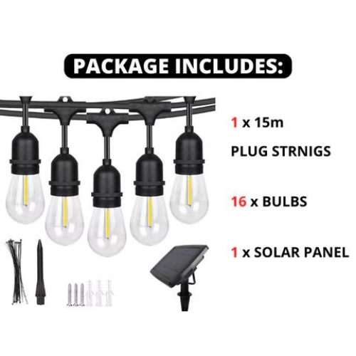 Package contents: 15m string light, 16 bulbs, one solar panel and mounting accessories