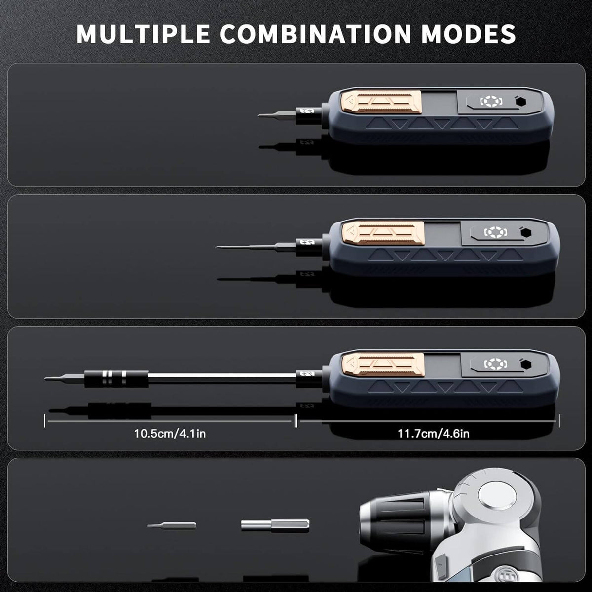 Screwdriver in multiple combination modes, with 10.5cm/4.1in and 11.7cm/4.6in lengths