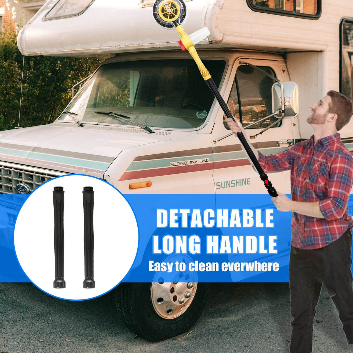 Man cleaning an RV windshield with a detachable long-handle car wash brush