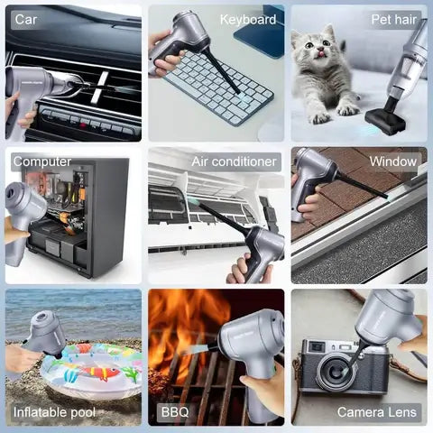 Cordless vacuum in nine uses: car vents, keyboard, pet hair, PC, AC, window, pool, BBQ, lens