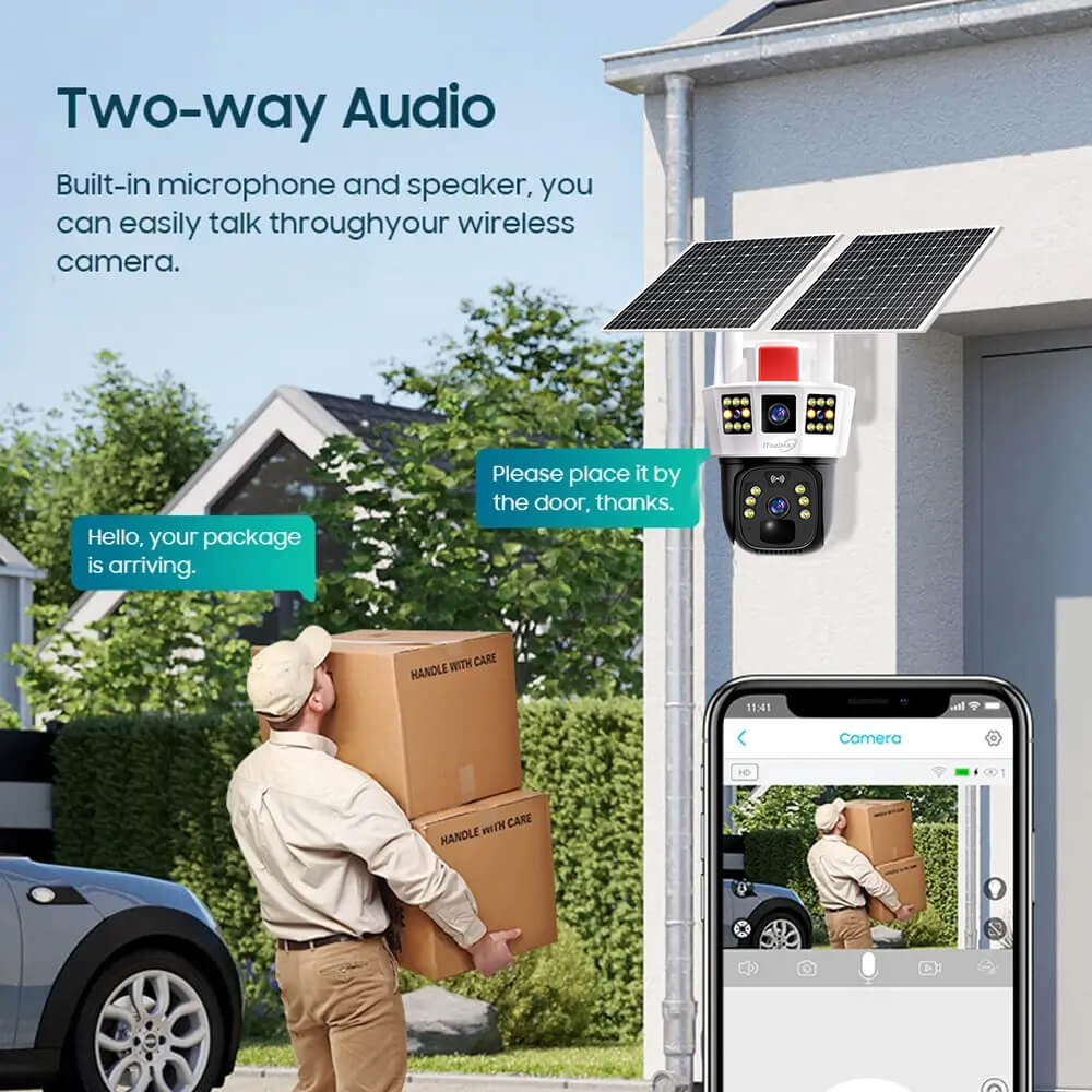 Two-way audio lets you talk to a delivery person carrying boxes to the front door