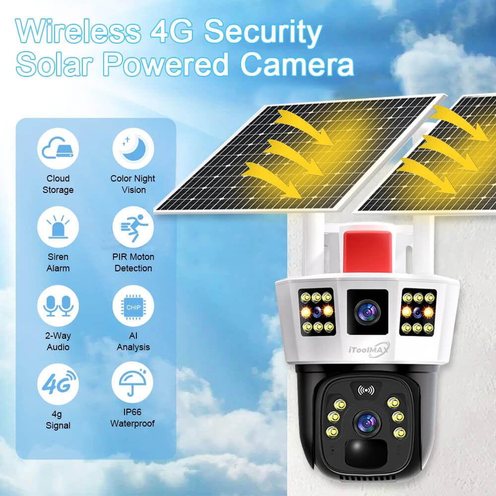 Wireless 4G solar security camera with night vision, siren, motion detection and IP66 rating