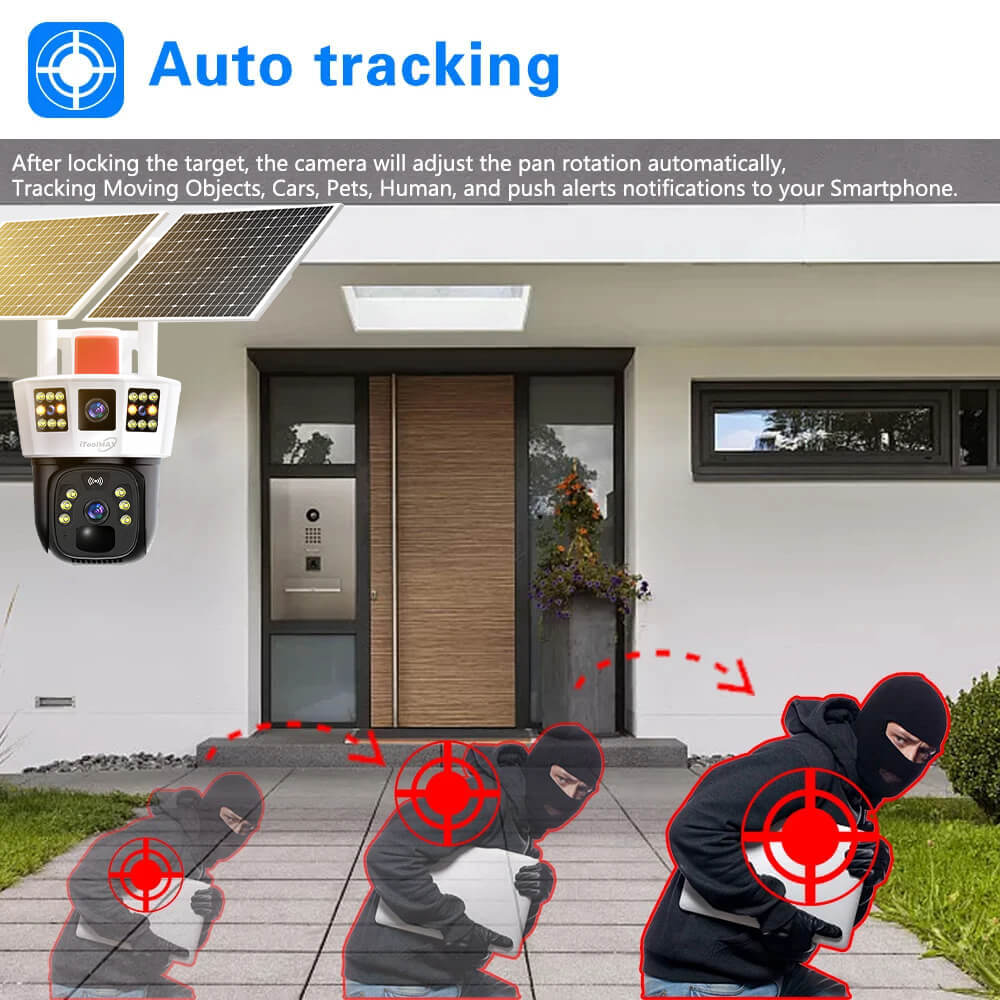 Auto-tracking camera locks onto a masked intruder approaching a front door