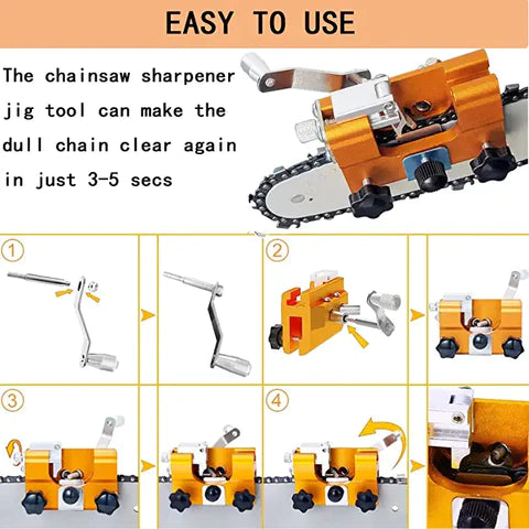 Four-step guide for the orange chainsaw sharpener jig, which clears a dull chain in 3-5 seconds
