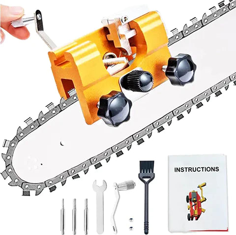 Orange manual chainsaw sharpener on a saw chain, with an instruction booklet and tool kit