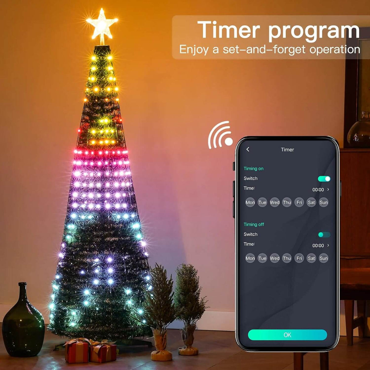 Untangling, climbing ladders, and struggling with outlets – the traditional holiday light set-up can be a chore. Our Smart Christmas Lights revolutionize the process. Effortlessly control your lights with a touch of your smartphone, eliminating the need for complex installations. Enjoy a stress-free decorating experience that leaves you with more time to savor the holiday magic.
