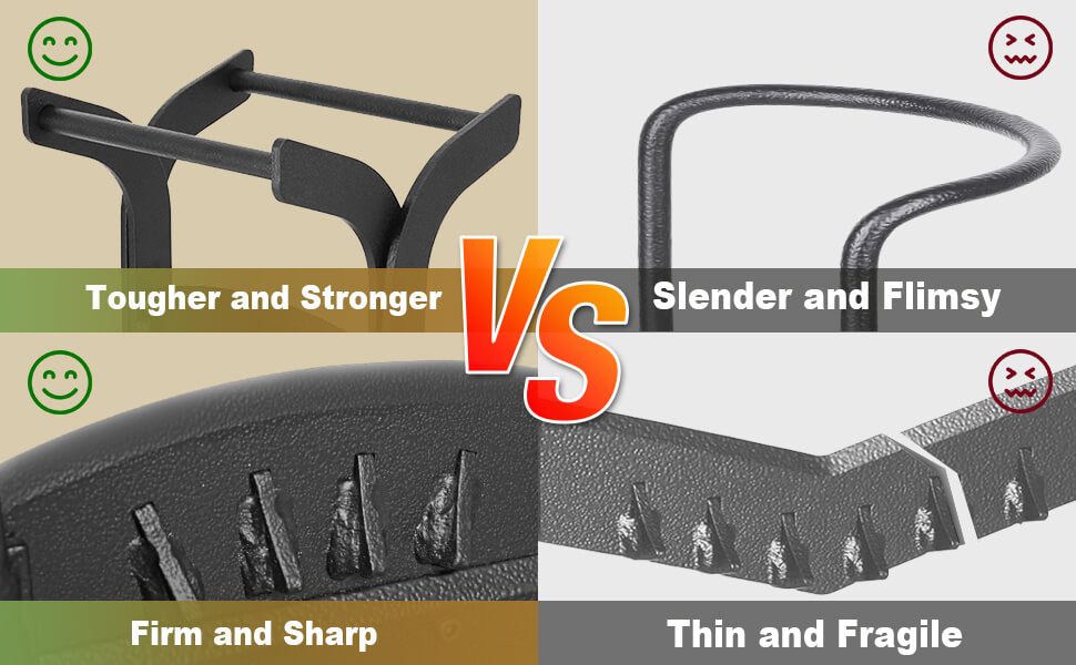 Comparison of a tougher, stronger splitter frame and firm, sharp teeth against slender, flimsy, thin parts