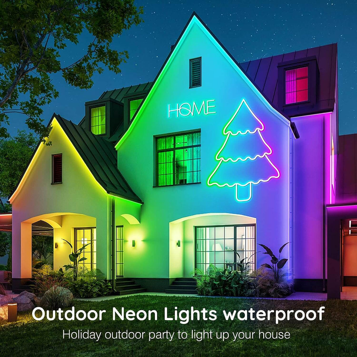 Outdoor waterproof neon rope lights outlining a house roof, with HOME and tree signs
