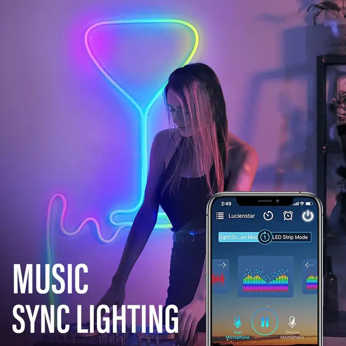 Woman beside a music-sync neon rope light shaped like a glass, with phone app controls