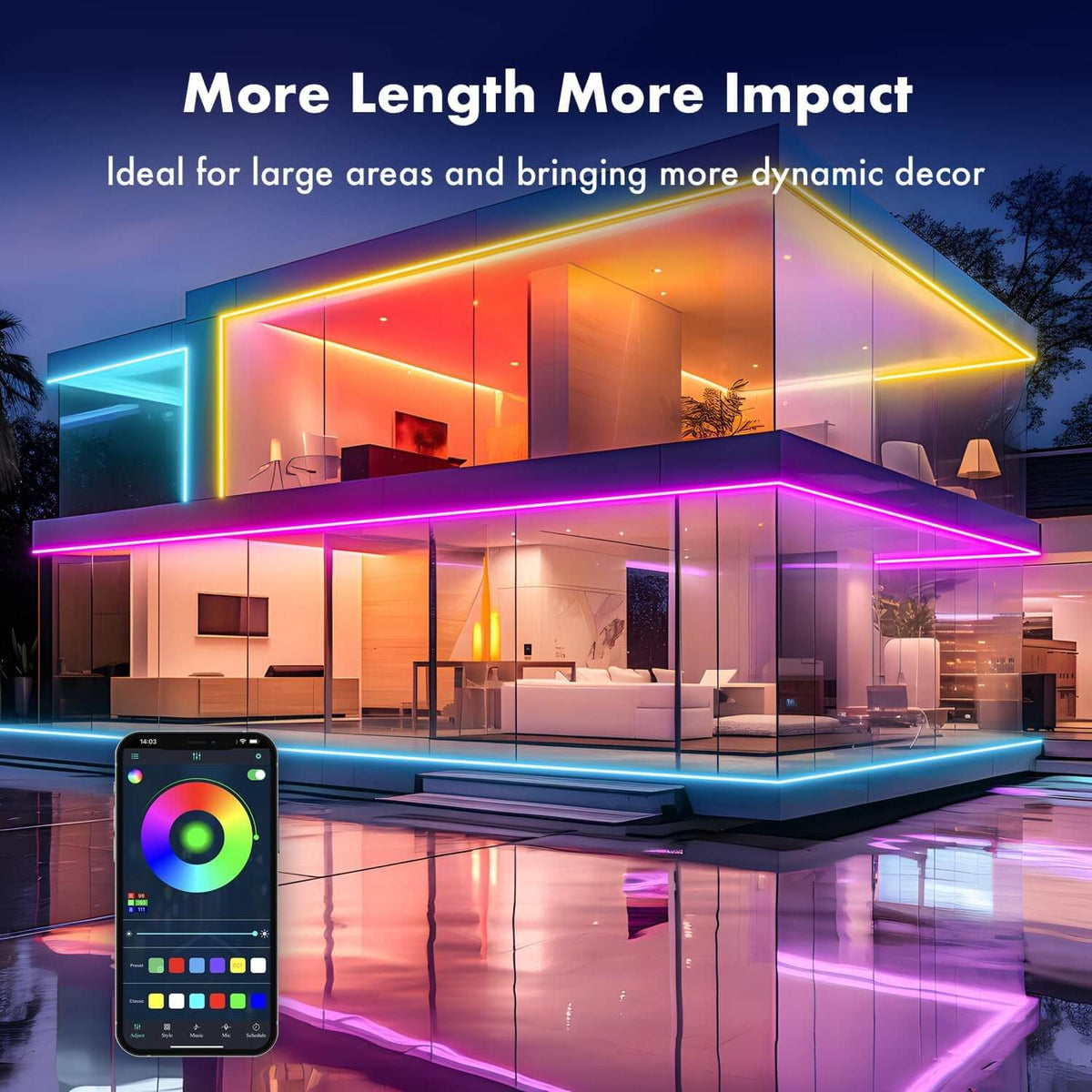 Long neon strip outlining a glass house, with phone app color wheel, for large areas