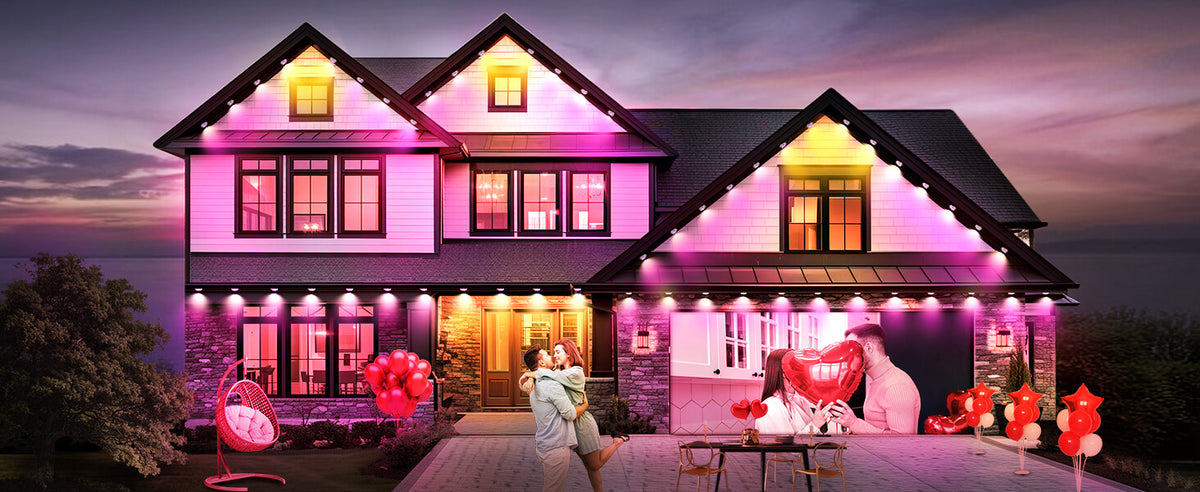 Pink-lit house at dusk with a couple embracing and red heart balloons on the patio