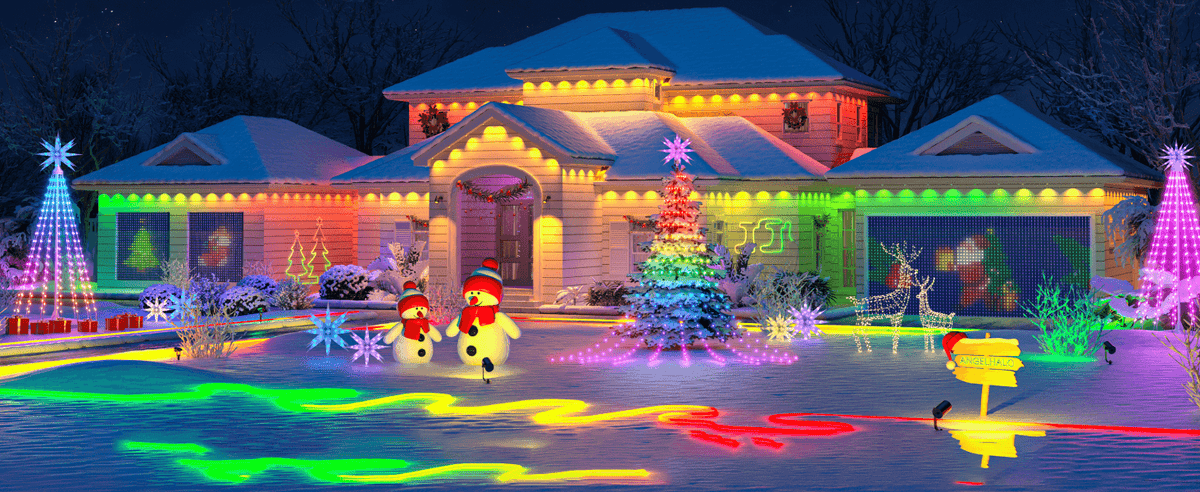 Snowy house decorated with multicolor roof lights, snowmen, a lit tree and reindeer figures