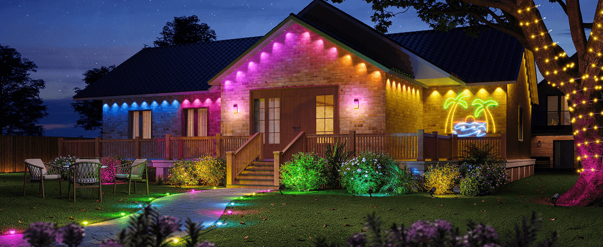 Single-story house at dusk with multicolor roofline lights, a palm tree neon sign and lit tree