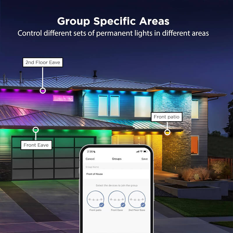 Dusk house with lights grouped into 2nd floor eave, front eave and front patio in a phone app