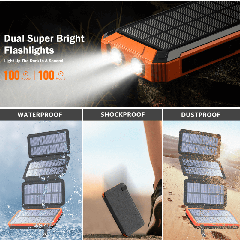 Solar power bank with dual flashlights, rated waterproof, shockproof and dustproof