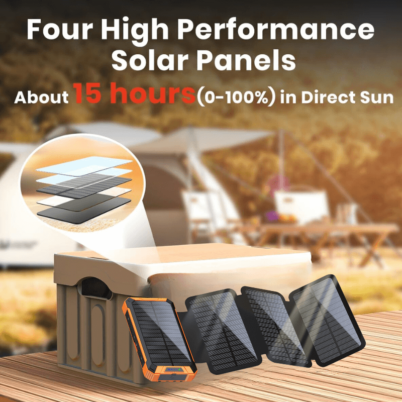 Orange solar power bank with four folding solar panels, about 15 hours in direct sun