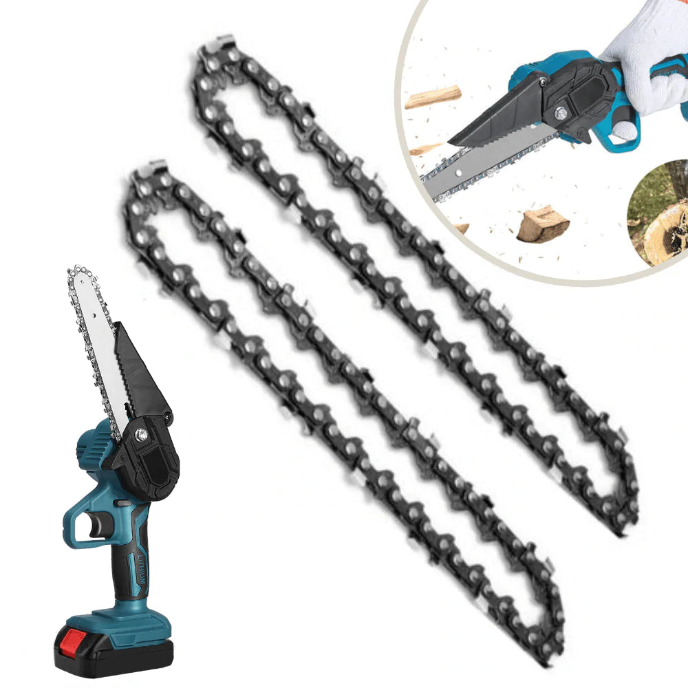 Two loops of black saw chain beside a blue cordless mini chainsaw with a battery pack