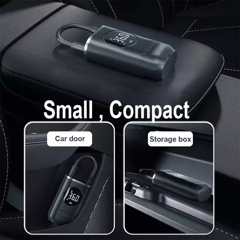 Compact portable air pump with curved hose resting on a car armrest, stored in door and box