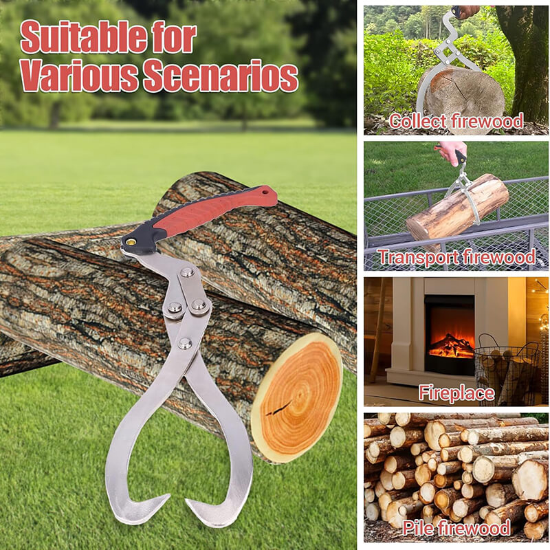 Log tongs shown for collecting, transporting, fireplace use and stacking firewood in four scene photos