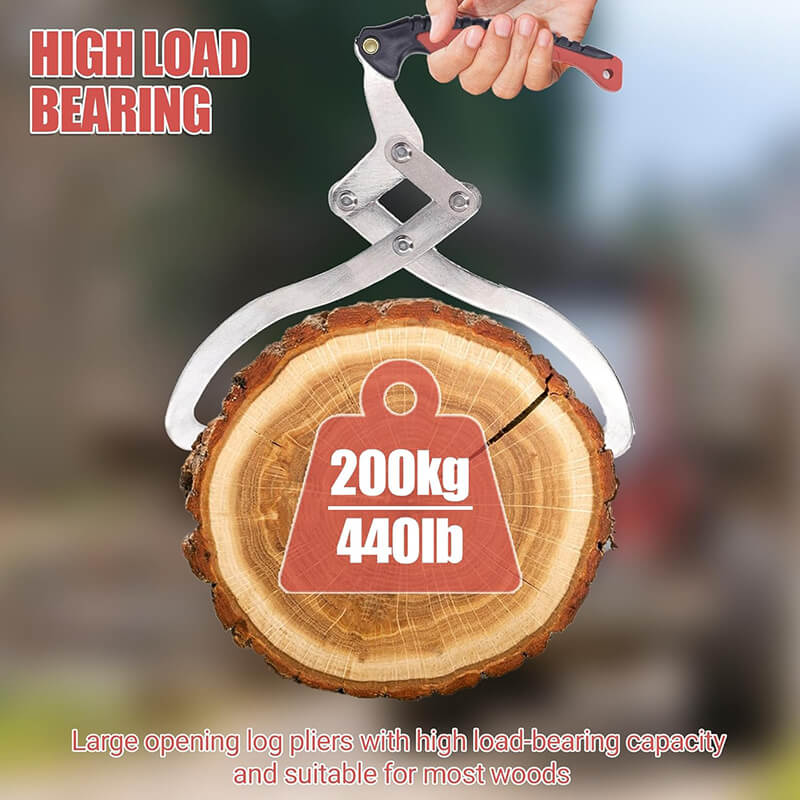 Log tongs gripping a wood round, labeled for 200kg (440lb) load-bearing capacity