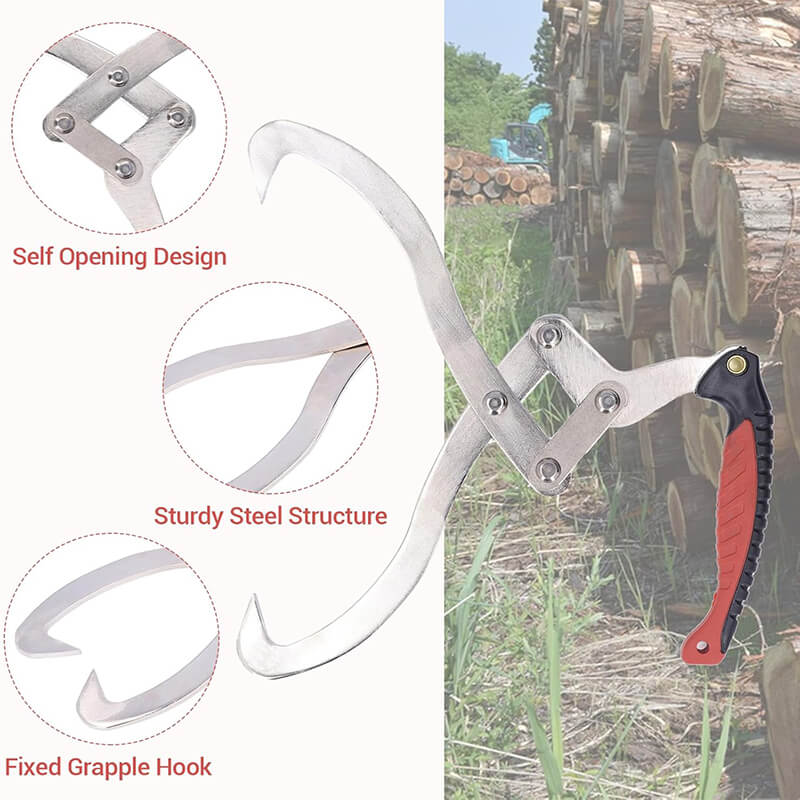 Log tongs feature panel with self-opening linkage, sturdy steel arms and fixed grapple hook tips