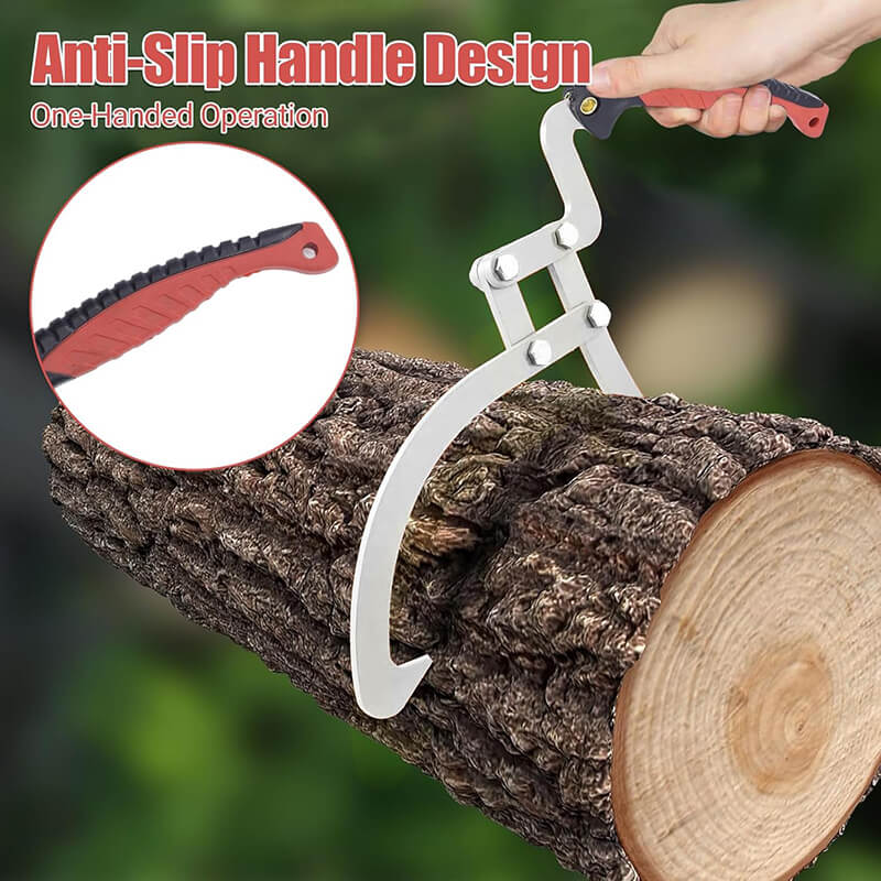 Log tongs gripping a bark log, with a red and black anti-slip handle for one-handed use