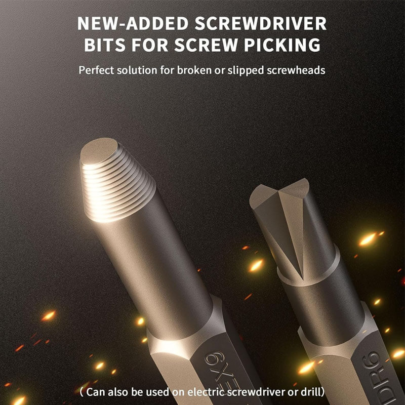 Close-up of screw extractor bits for broken or slipped screwheads, usable with a drill