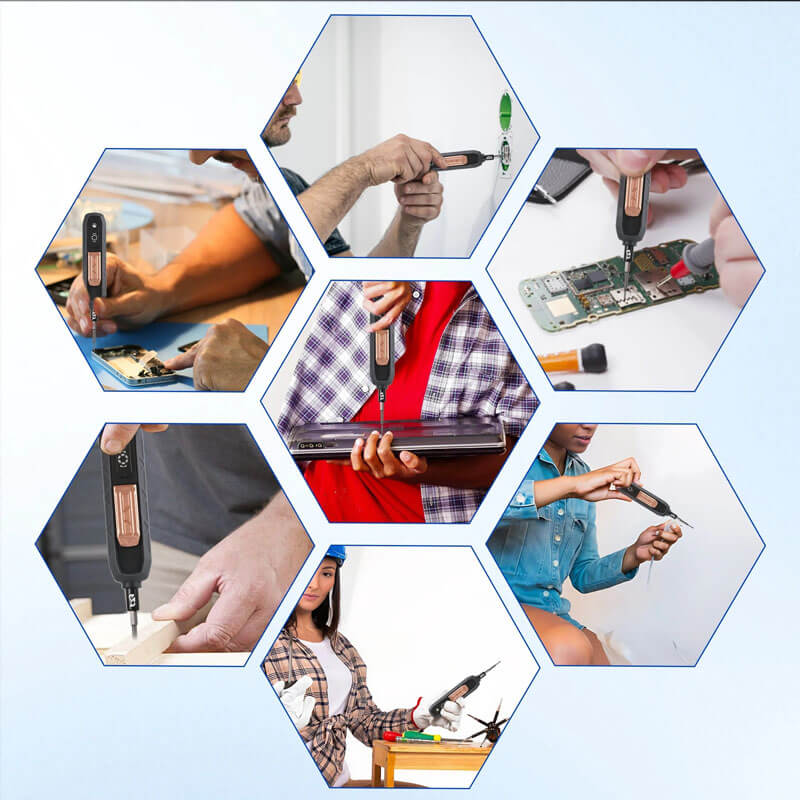 Collage of people using a compact screwdriver on phones, wood, boxes and walls