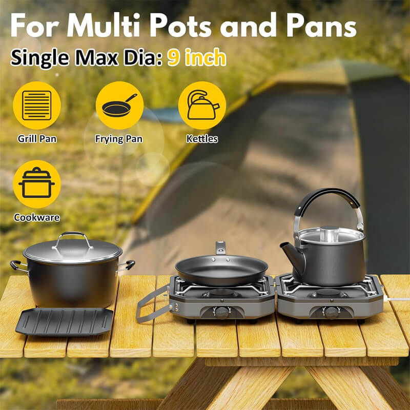 You can cook 2 pots up to 9 inches in diameter at the same time. Plus, the included griddle lets you sizzle up bacon, pancakes, or burgers with ease. Swap between pots and griddle effortlessly for all-in-one outdoor cooking.