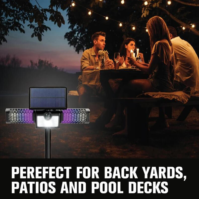 iToolMax 2 in 1 solar mosquito zapper & flood light, solar-powered, not only emits ultraviolet light to attract mosquitoes automatically and kill them accurately, no mosquito in 1200 sq.ft/110㎡ and 360°, but also with LED light to brighten your space. Perfect for patios, camping, and backyard nights.