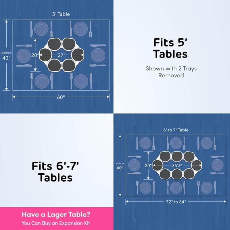 Size guide: tray set fits 5 foot tables at 27 inches wide and 6 to 7 foot tables at 351⁄2 inches