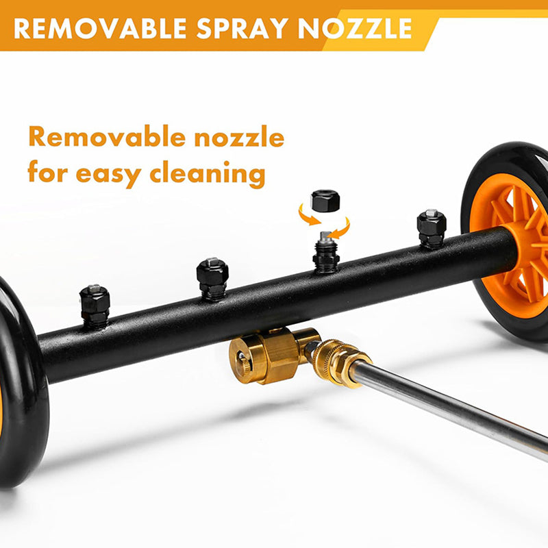 Undercarriage washer bar with removable spray nozzles for easy cleaning and a brass quick connector