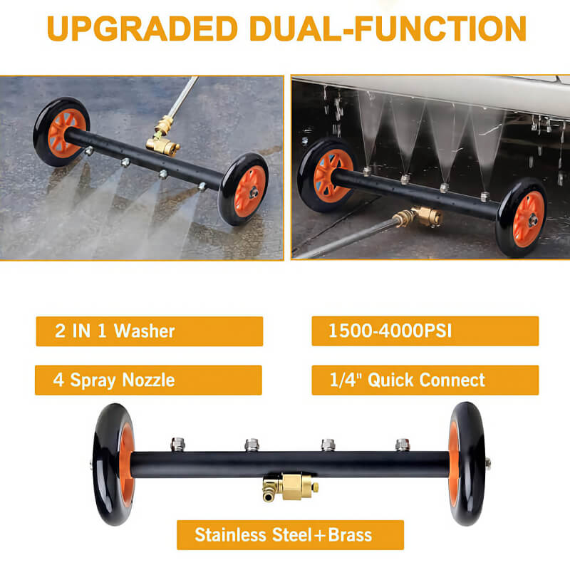 Switch between undercarriage cleaning and water broom mode in seconds with the pivot connector. High-pressure jetting thoroughly removes stubborn stains and cleans every hard-to-reach corner.