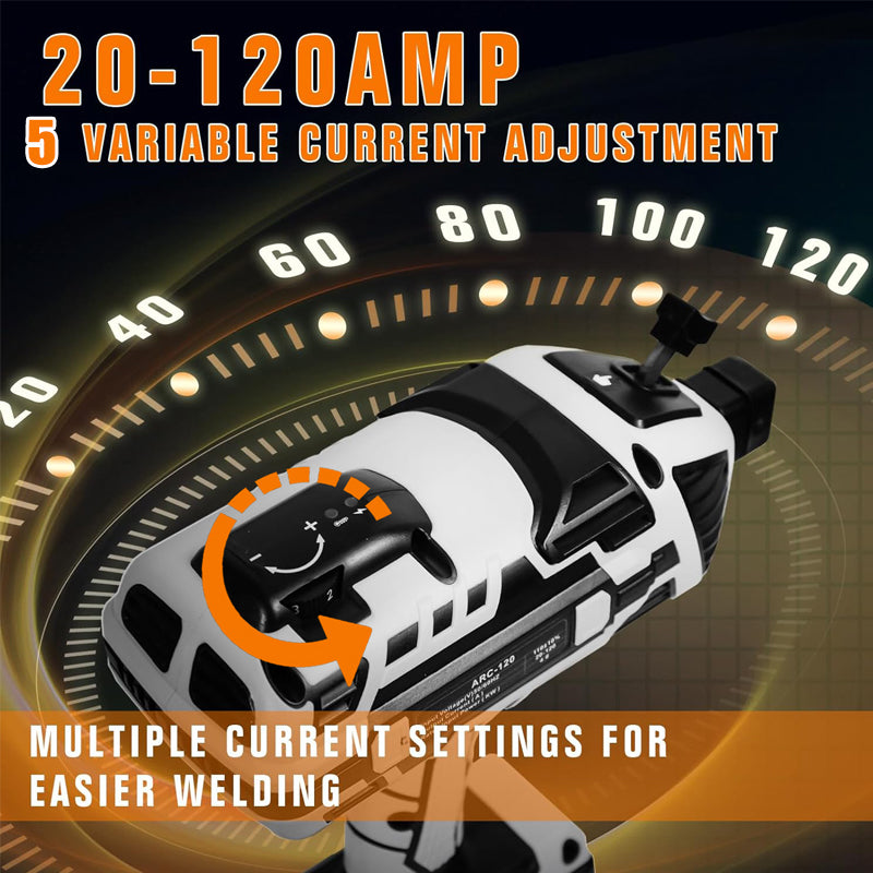 Welder current control dial, adjustable from 20 to 120 amps in five settings