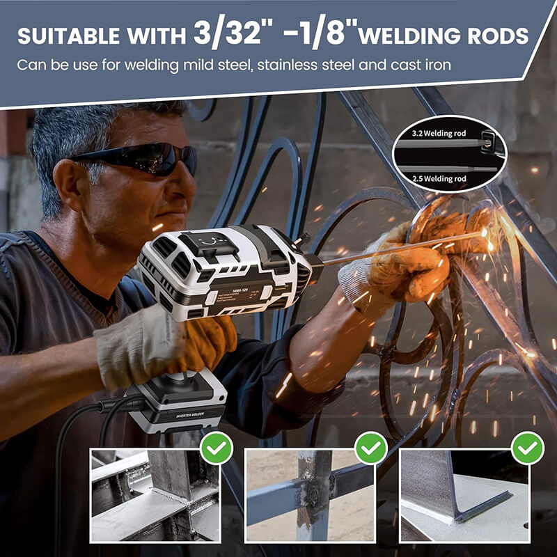 Our are welder gun is compatible with 1/16″-1/8″ (1.6-3.2mm) welding rods and features a 6-variable easy knob (adjustable 20-120A current) and hot arc start function, which is very helpful for starting the arc, making it easier to initiate the arc and make more pleasing weld pool.