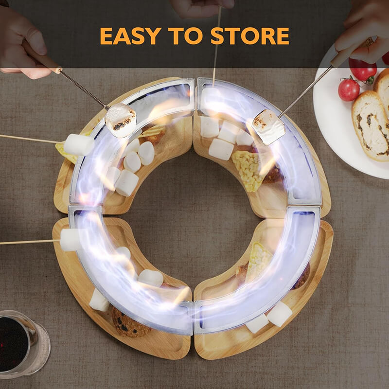 The bottom wooden shelf measures 9.17 x 4.52 inches and is specially designed to hold cookies, marshmallows, and snacks. In addition, this tabletop fireplace is perfect for making S'mores to make your party more exciting. It is not only practical, but also satisfies the needs of all dessert lovers.