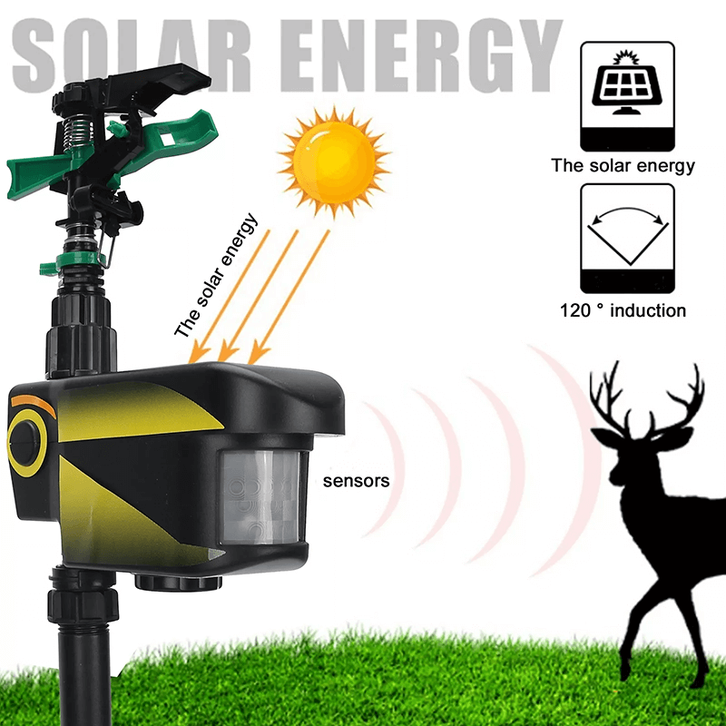 Solar motion sprinkler with 120 degree sensor detecting a deer silhouette, labeled solar energy
