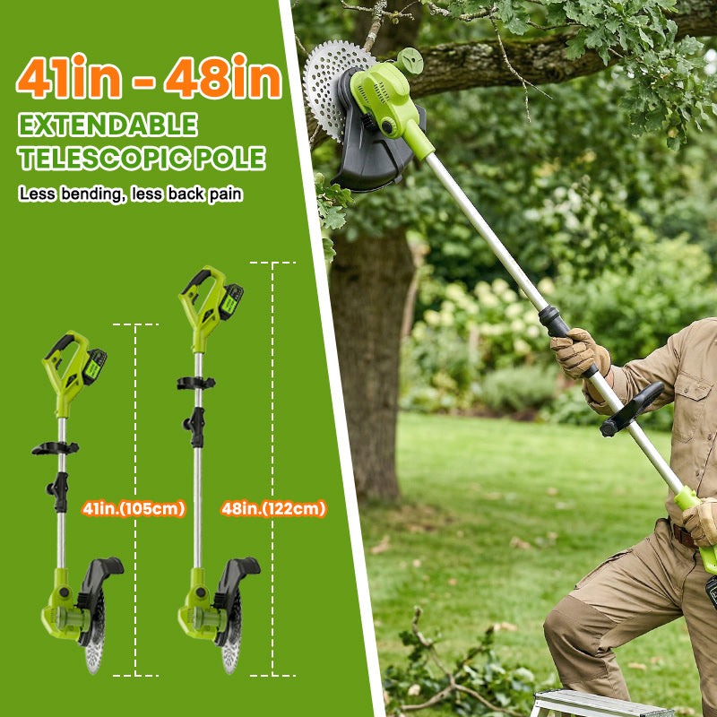 Cordless weed wacker can extendable telescopic pole, shown in use and with high tree.