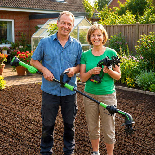 Couple in a garden: man with a long-pole tiller, woman holding a handheld cultivator