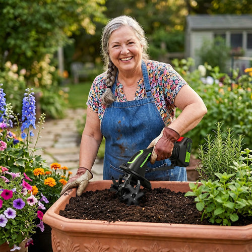 Woman with a short-handled cordless cultivator loosening soil in a planter box