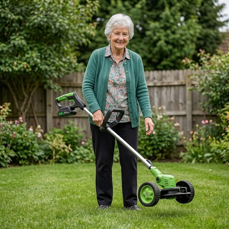 Older woman smiling while pushing a green cordless edger with wheels across a lawn