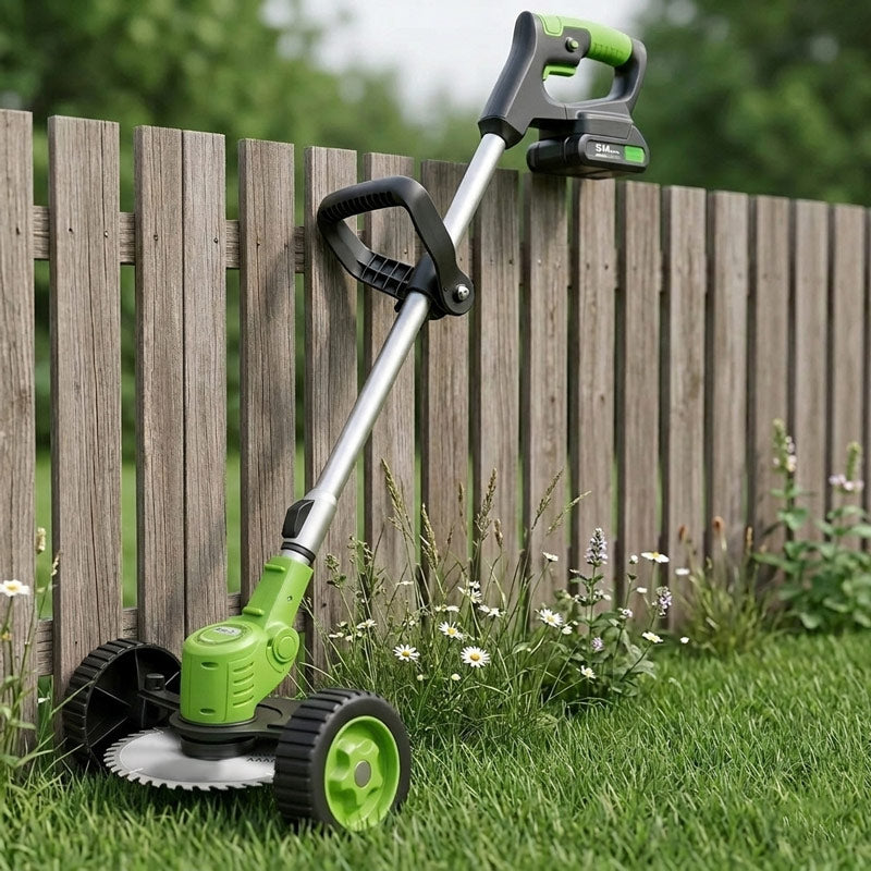Green cordless trimmer with a metal blade disc and wheels beside a wooden fence