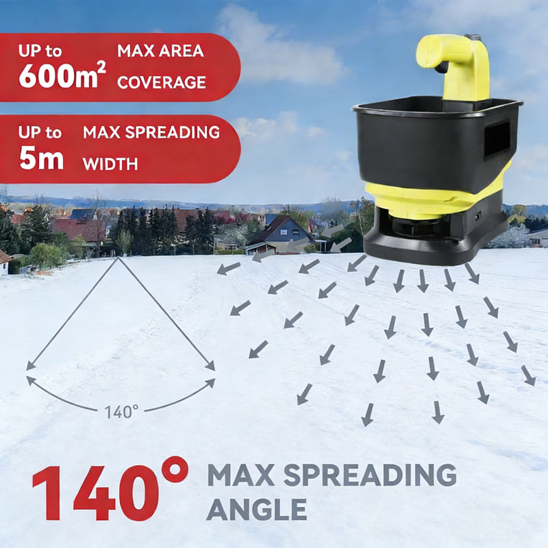 Spreader casting salt over snow, up to 600m2 coverage, 5m spreading width, 140 degree angle