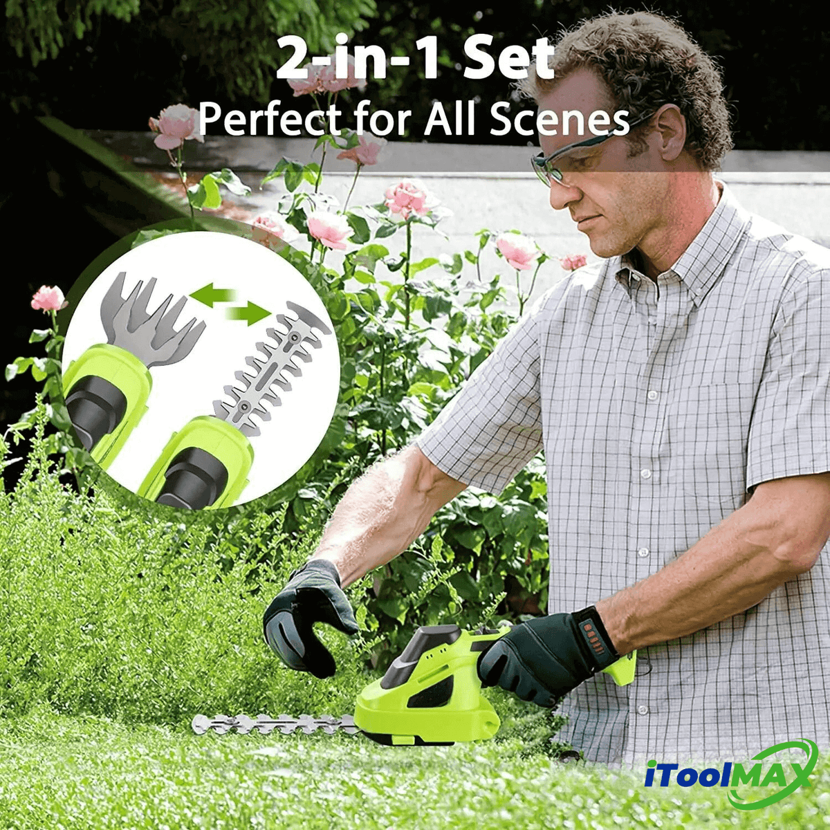 Man in glasses trimming a hedge with a green cordless 2-in-1 shear set