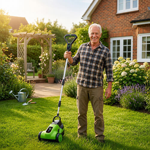 Older man smiling as he pushes a green cordless mower across a sunny lawn