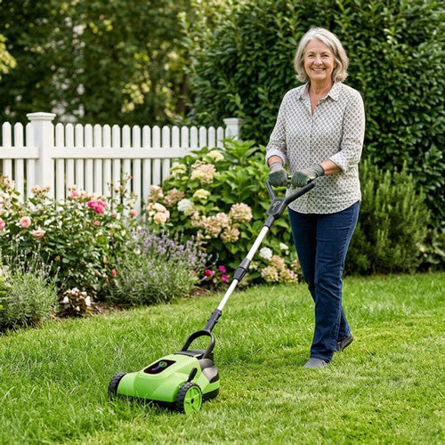Older woman pushing a light green mower across a lawn beside a white picket fence
