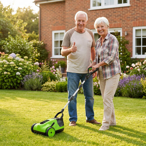 Older couple smiling beside a small electric lawn mower on a sunny lawn