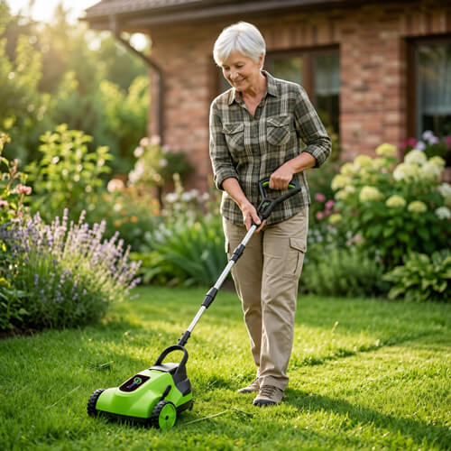 Smiling older woman mowing a lawn with a green electric mower beside a brick house