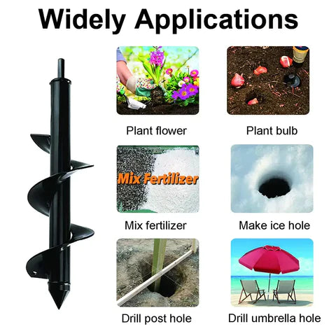 Black garden auger drill bit with labeled uses for planting bulbs, mixing fertilizer, drilling post holes and more