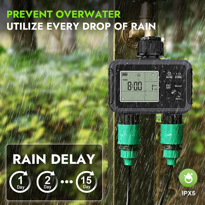 Activate the rain delay mode based on weather to prevent overwatering and protect plants. The manual mode can water, wash, or fill at any time without disrupting the programmed schedule. The auto mode ensures your plants get the right amount of water at your preset times, so you never have to worry about forgetting or no time to water.